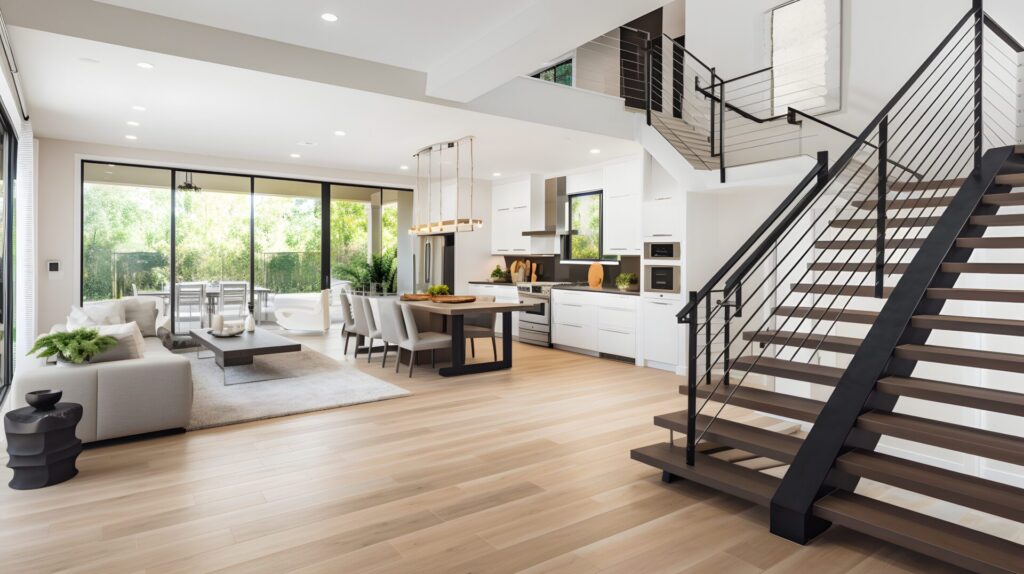 Open living room and kitchen with floating staircase and glass walls, whole home renovation